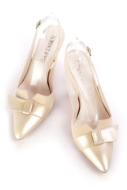 Gold and champagne beige women's open back shoes, with a knot. Tapered toe. High spool heels. Top view - Florence KOOIJMAN